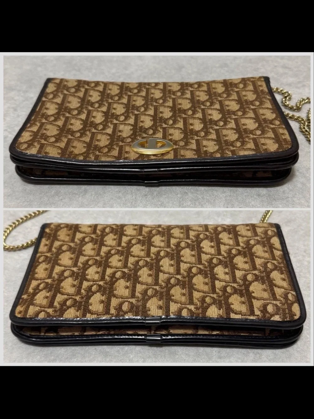 Dior Brown Logo Jacquard Crossbody with Gold Chain